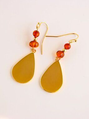 Gold Drop Stainless Steel Earrings with Baltic Amber Accents